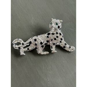 VTG Brooch Pin Jaguar Silver Tone Swarovski Crystal Black Rhinestones Bling Glam